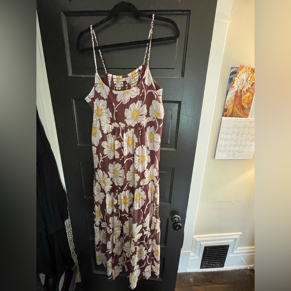 Madewell Maroon Floral Maxi Dress with Braided Straps and Lurex Threading